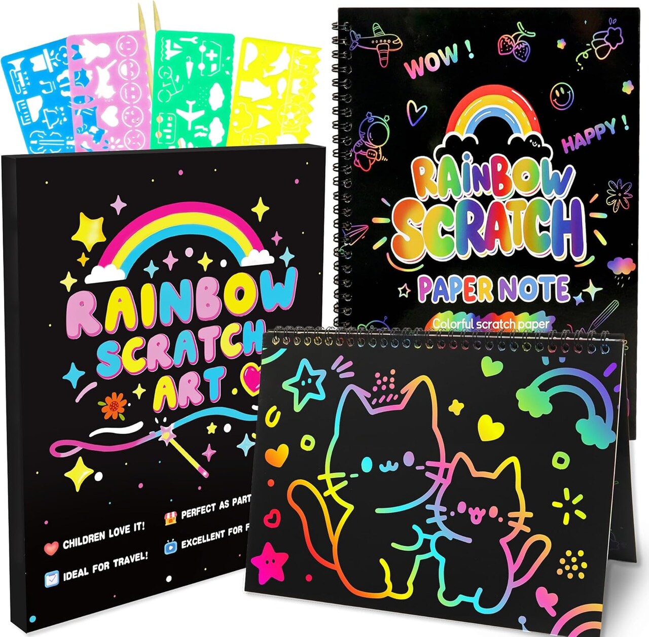 Scratch Art Crafts Kit for Kids – 2 Pack Rainbow Scratch Paper Notebooks with Wooden Styluses & Drawing Stencils, Magic Art Supplies Birthday & Christmas Gifts, Party Favors for Boys & Girls Ages 3-10